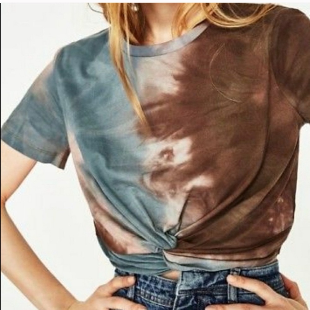 Zara Blue and Brown Tie-Dye Short Sleeve Tee